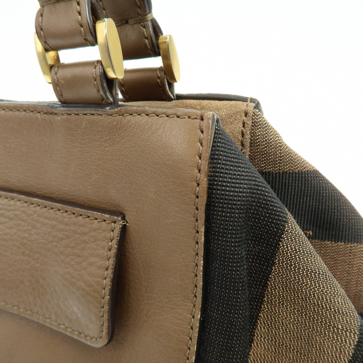 Fendi Boxy Leather with Pequin Canvas, Brown, Leather, Tote Bag
