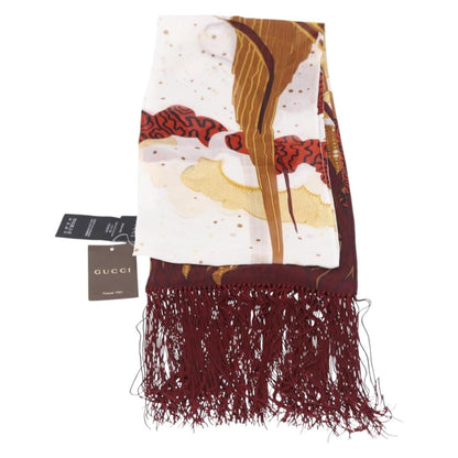 Gucci Printed Silk Fringed Scarf Silk, Burgundy, Silk, Scarf