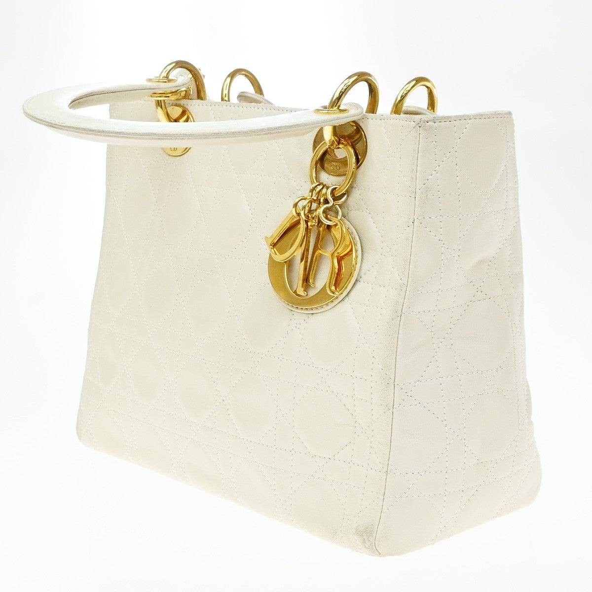 Christian Dior Lady Dior Cannage Quilt Leather, White, Leather, Handbag