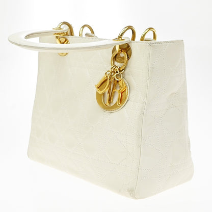 Christian Dior Lady Dior Cannage Quilt Leather, White, Leather, Handbag