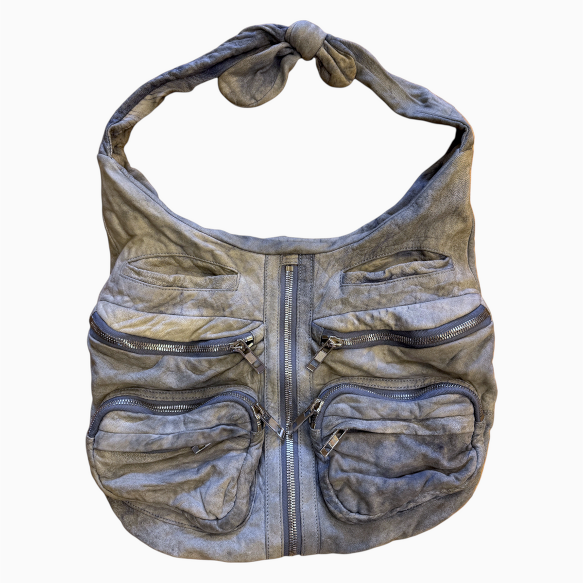 Brandsamsara Alexander Wang blue distressed suede shoulder bag with multiple exterior zip pockets and silvertone hardware