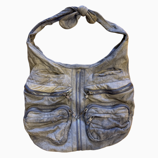 Brandsamsara Alexander Wang blue distressed suede shoulder bag with multiple exterior zip pockets and silvertone hardware