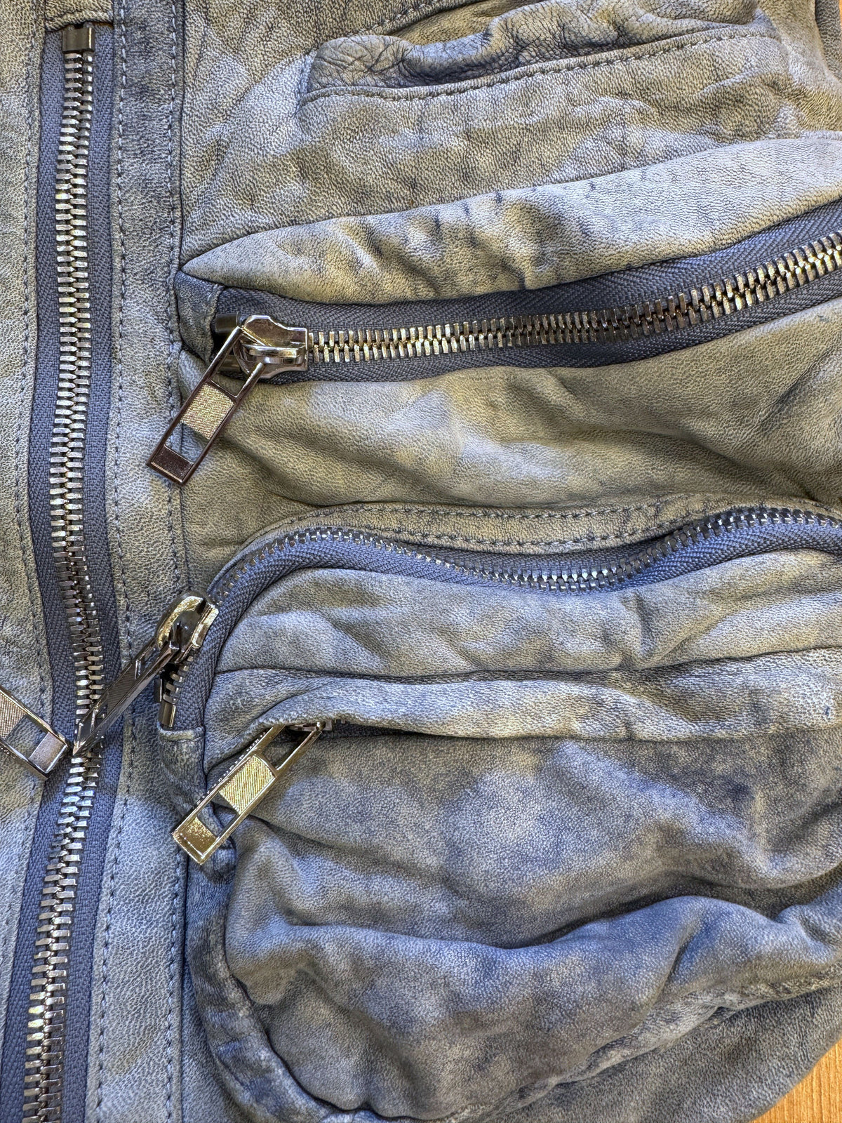Brandsamsara Alexander Wang blue distressed suede shoulder bag with multiple silvertone zip pockets