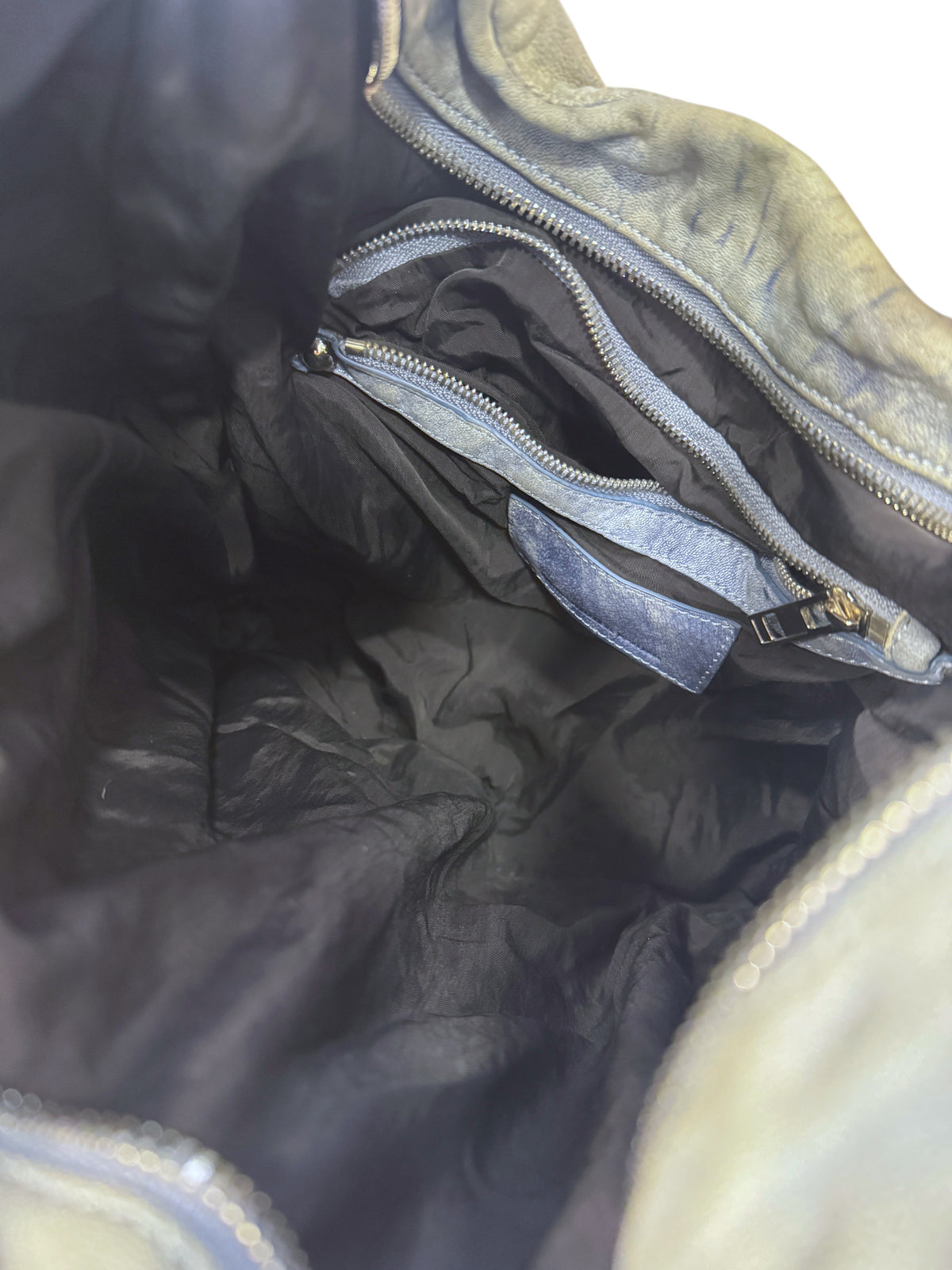 Brandsamsara Alexander Wang blue distressed suede shoulder bag interior with black textile lining and zip pocket