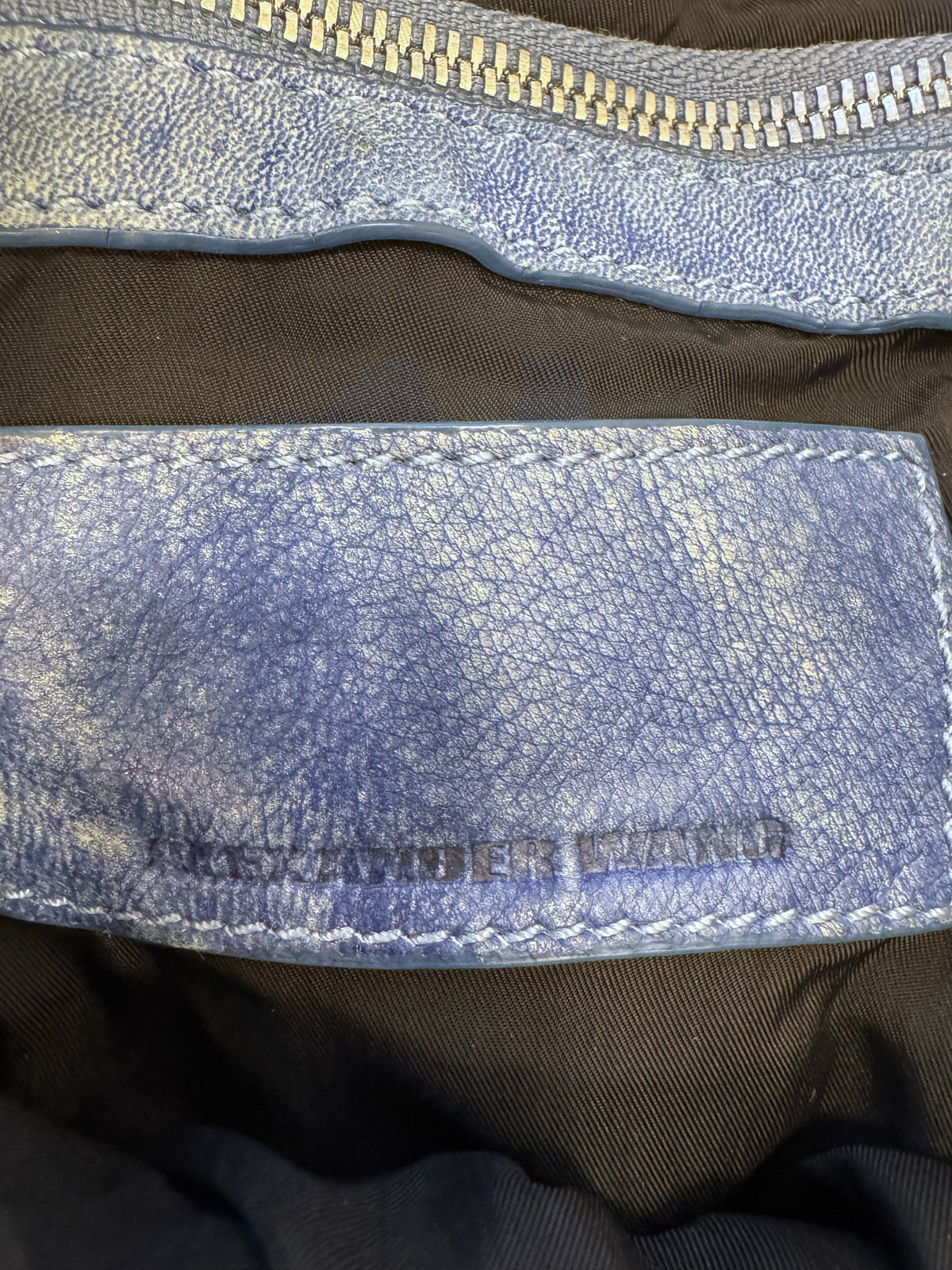 Brandsamsara Alexander Wang blue distressed suede shoulder bag interior label with silvertone hardware detail