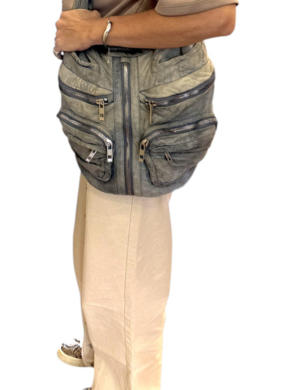 Brandsamsara Alexander Wang blue distressed suede shoulder bag with silvertone hardware and multiple zip pockets