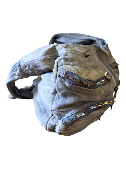 Brandsamsara Alexander Wang blue distressed suede shoulder bag with multiple silvertone zip pockets