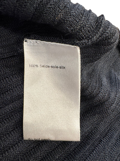 Brandsamsara Akris blue silk cardigan fabric care label showing 100 percent silk composition
