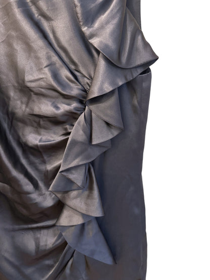 Brandsamsara black silk Peserico dress featuring elegant cascading ruffle detail and smooth cupro lining.