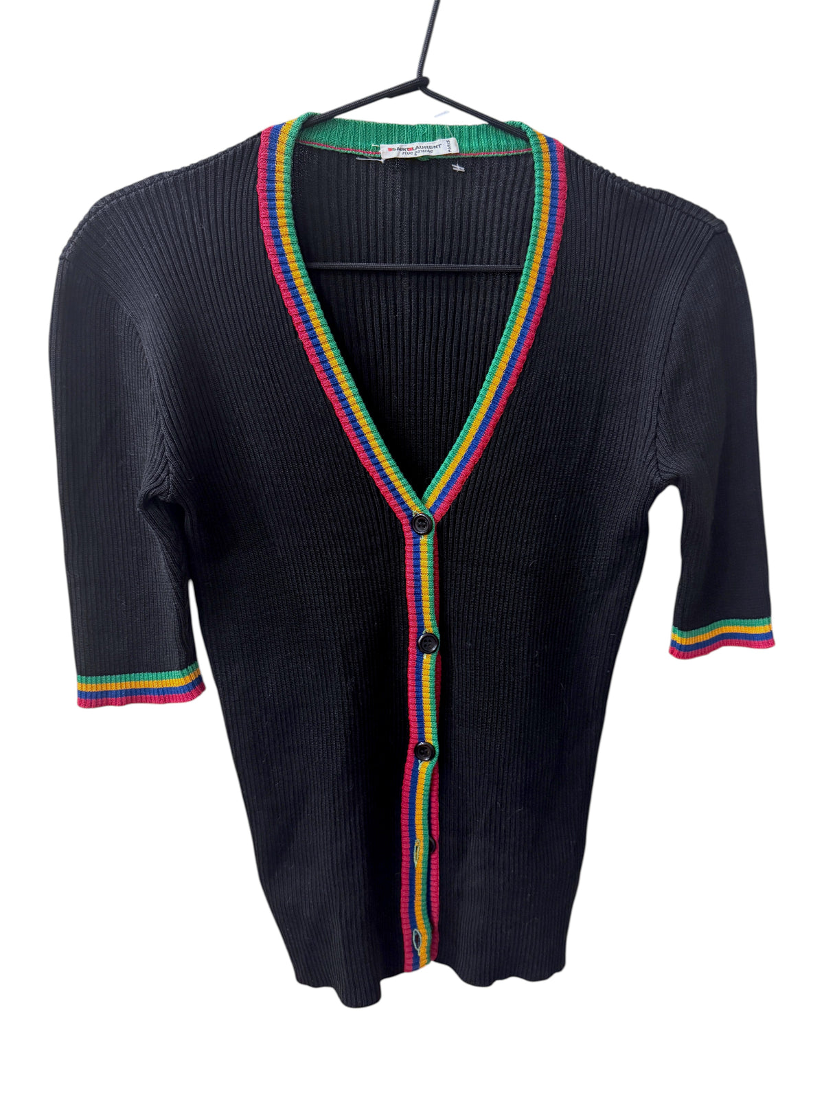 Brandsamsara Saint Laurent black ribbed cotton cardigan with a multi-colored striped V-neck and sleeve cuffs