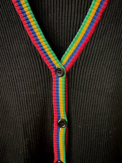 Brandsamsara Saint Laurent black ribbed cotton button-up top with a multi-colored striped V-neck trim