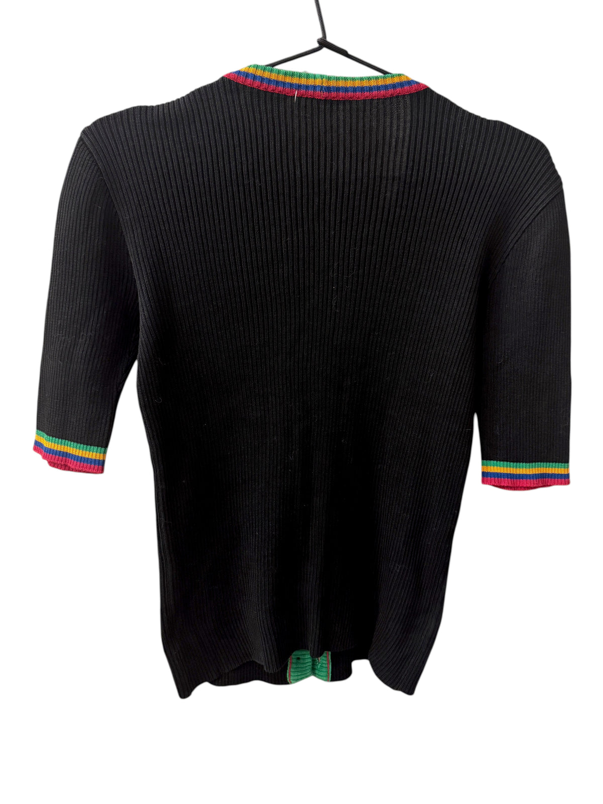 Brandsamsara black Saint Laurent cotton top with ribbed texture and colorful striped trim on collar and sleeves.