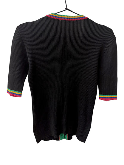 Brandsamsara black Saint Laurent cotton top with ribbed texture and colorful striped trim on collar and sleeves.
