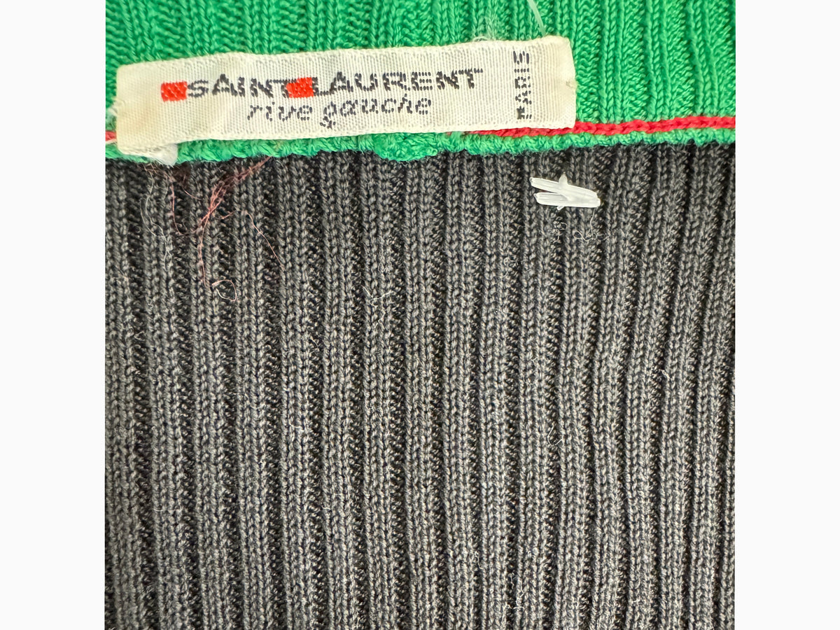 Brandsamsara Saint Laurent black ribbed cotton top with green and red trim detail and brand label
