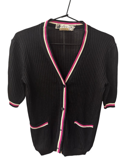 Brandsamsara Lanvin black acetate blend ribbed cardigan with pink and white striped trim and button-front closure