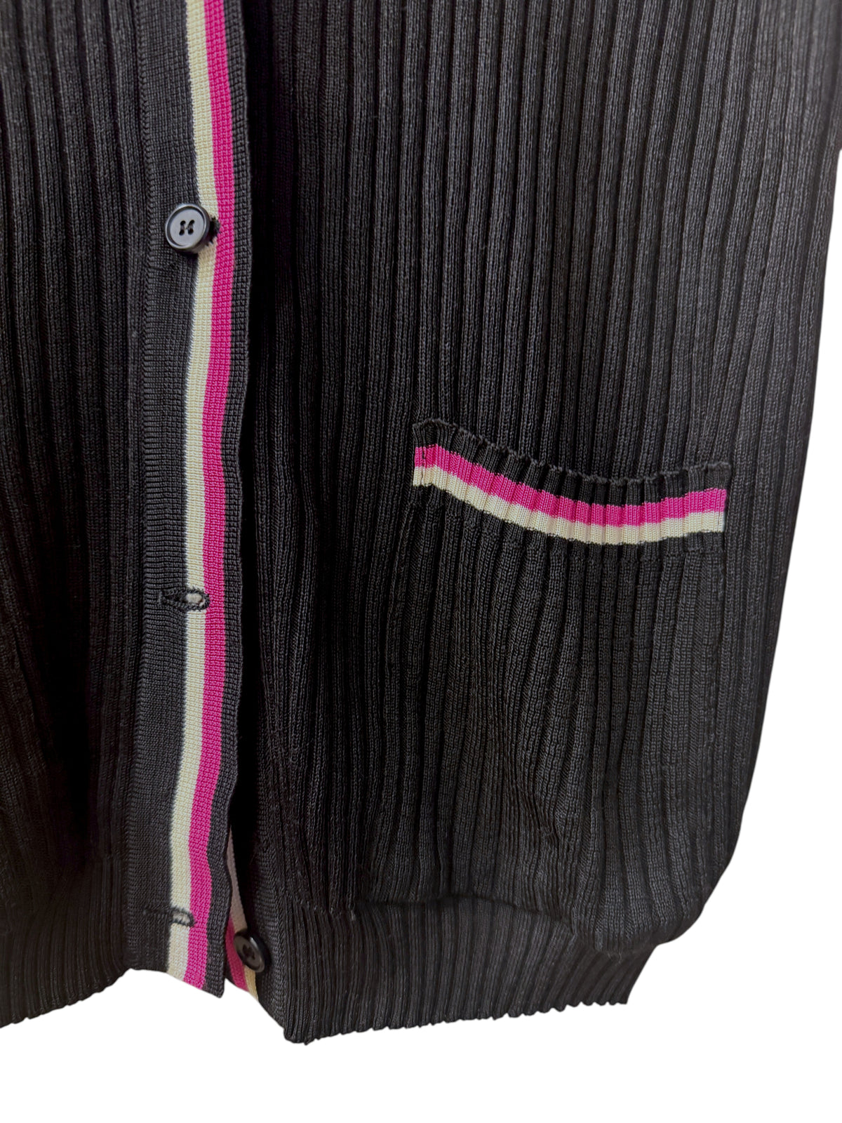 Brandsamsara Lanvin black ribbed acetate blend button-up top with pink and white striped trim detail