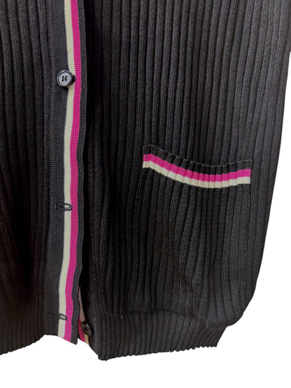 Brandsamsara Lanvin black ribbed acetate blend button-up top with pink and white striped trim detail