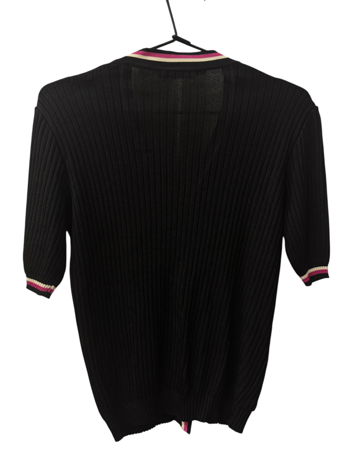 Brandsamsara Lanvin black ribbed acetate blend top with striped trim on collar and sleeves