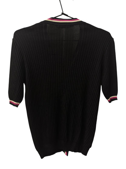 Brandsamsara Lanvin black ribbed acetate blend top with striped trim on collar and sleeves