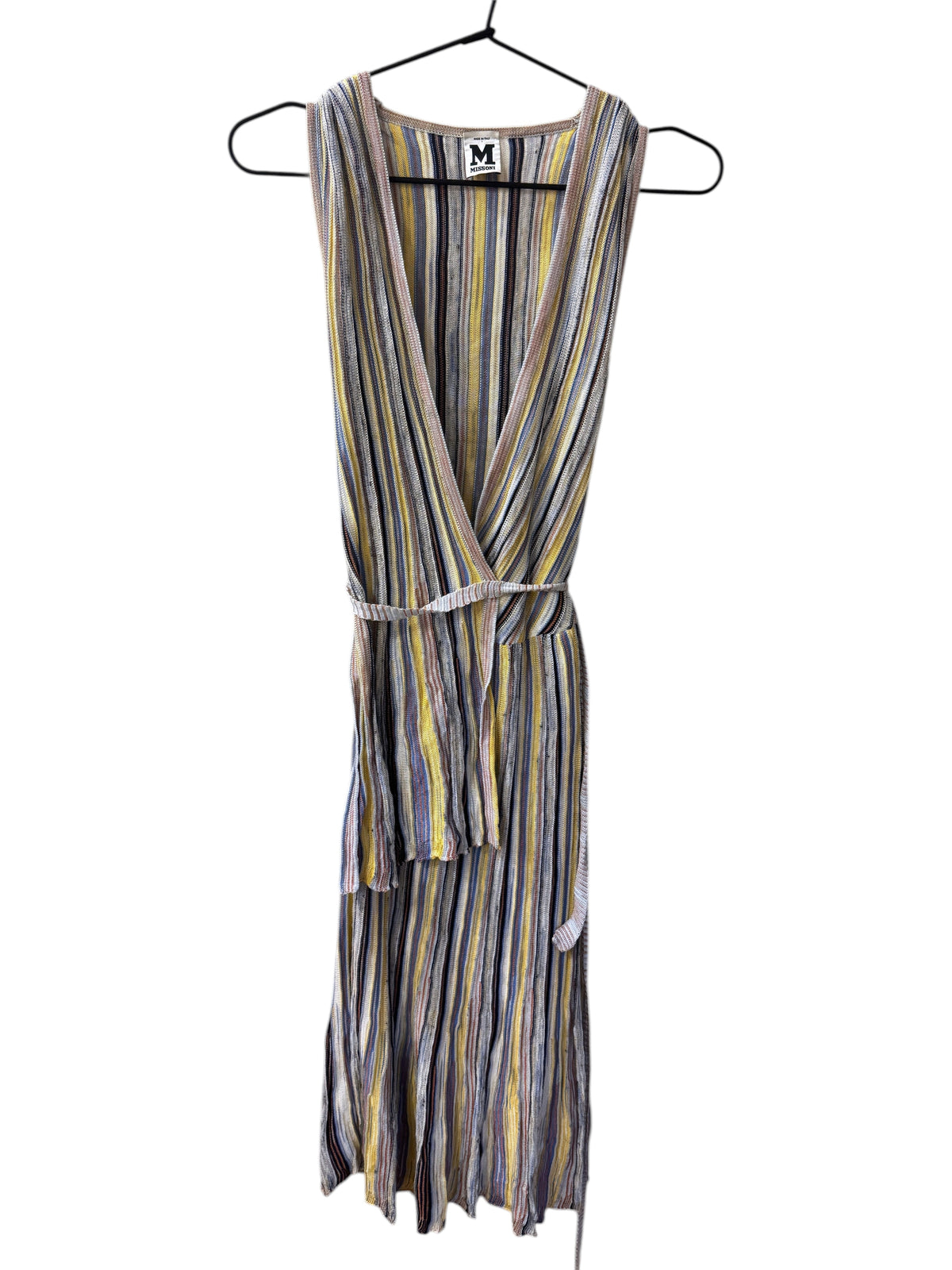 Brandsamsara Missoni sleeveless wrap dress in a multicolor striped cotton blend fabric hanging on a hanger.