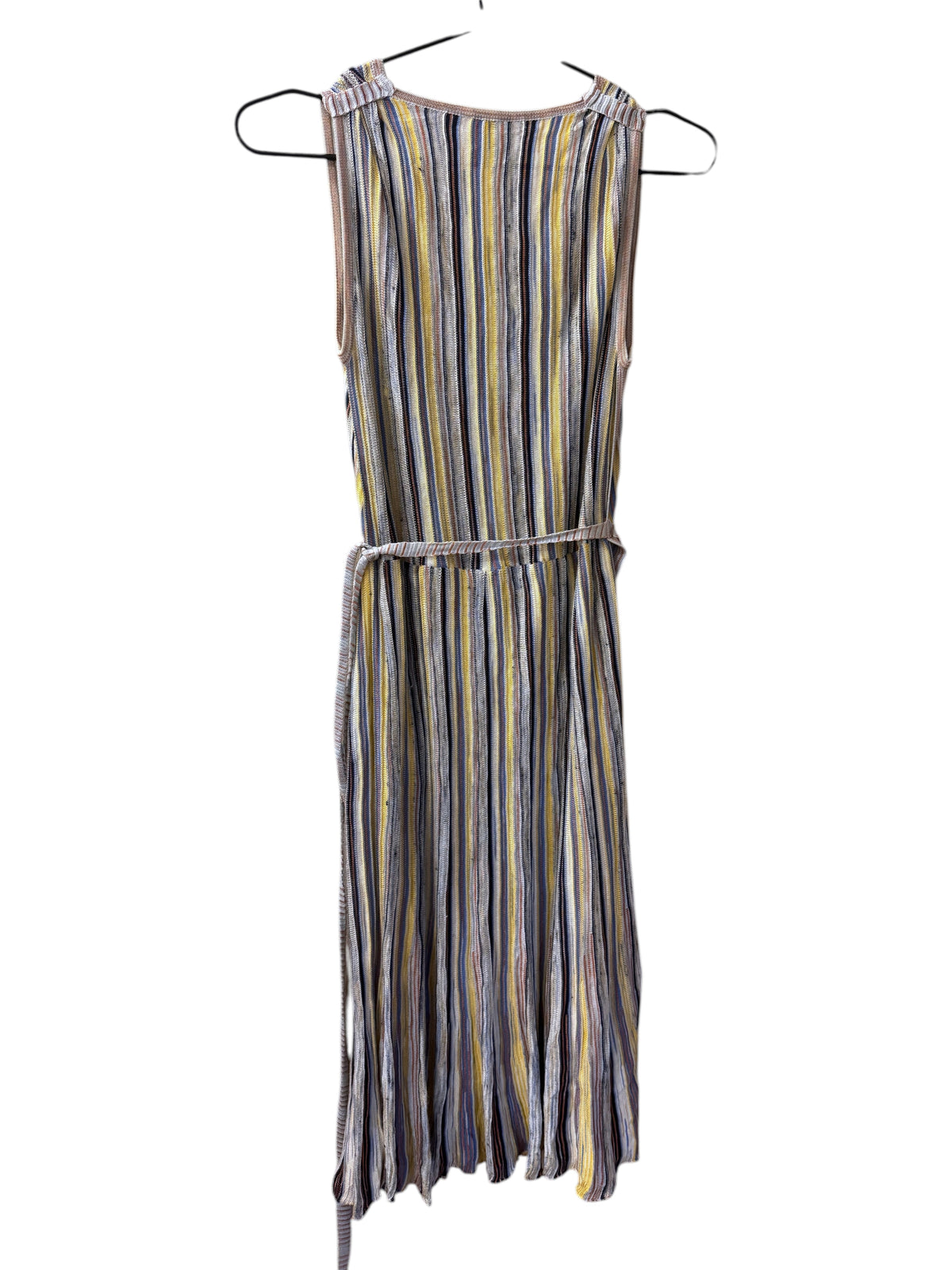Brandsamsara sleeveless Missoni dress in a multicolor striped cotton blend with a waist tie, hanging on a hanger.