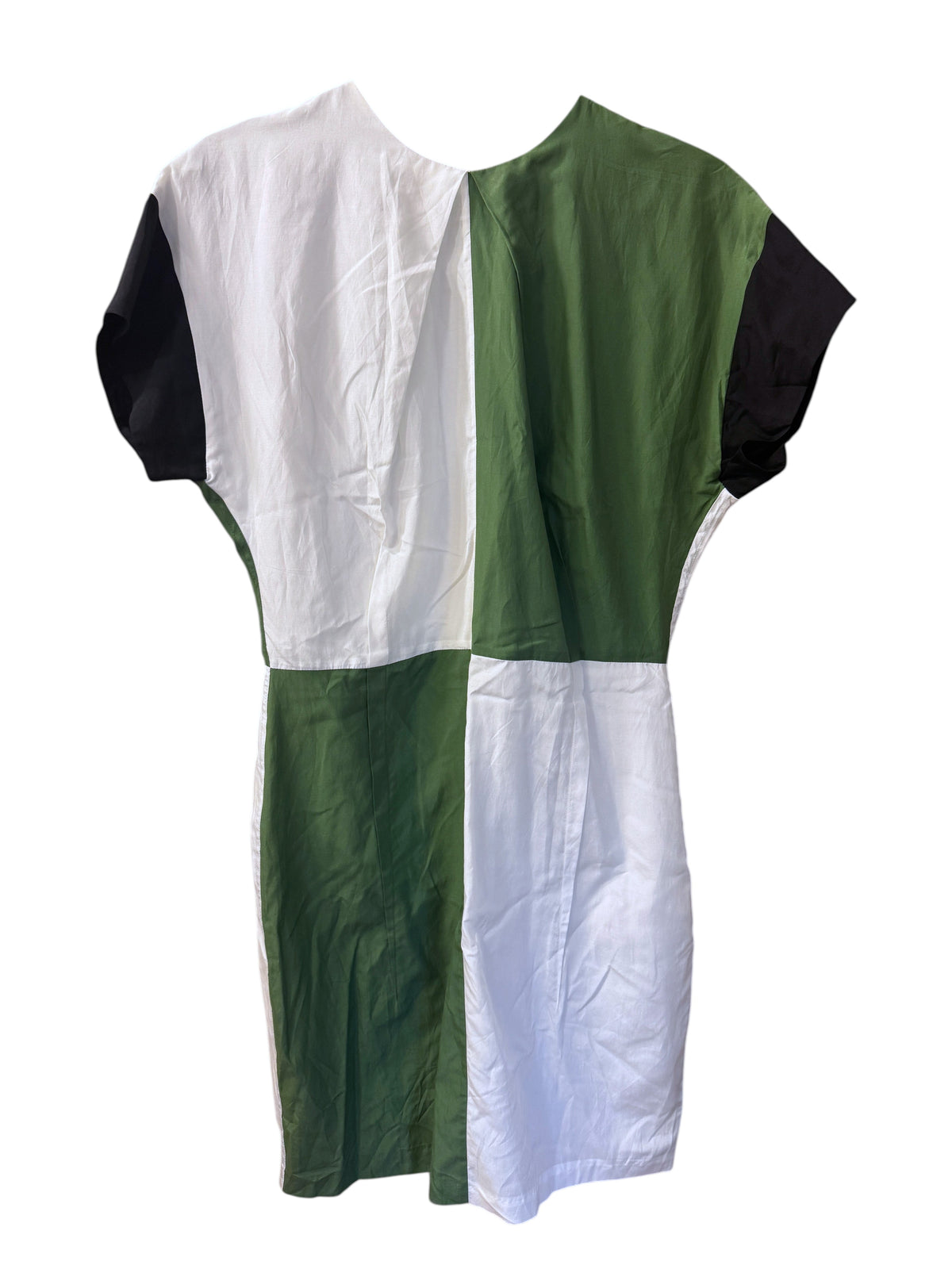 Brandsamsara Acne Studios short sleeve dress in a multicolor green, white, and black silk blend colorblock pattern.