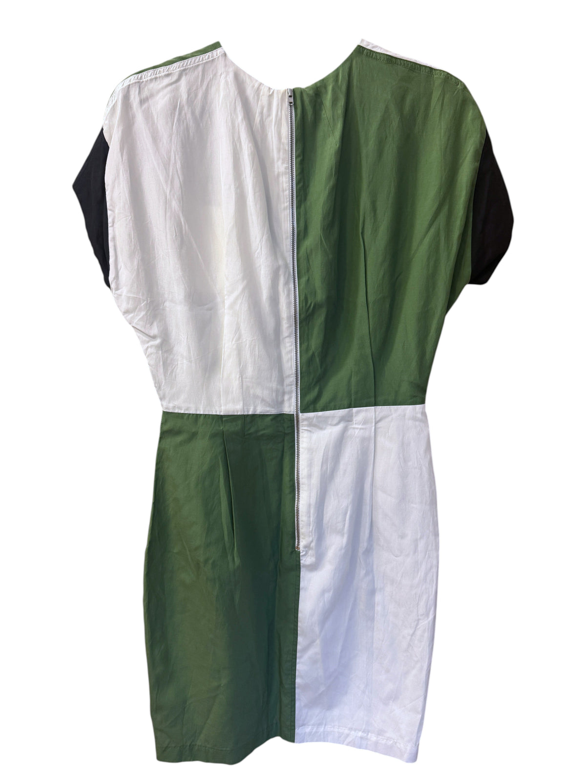 Brandsamsara Acne Studios short sleeve colorblock dress in white, green, and black silk blend with back zipper