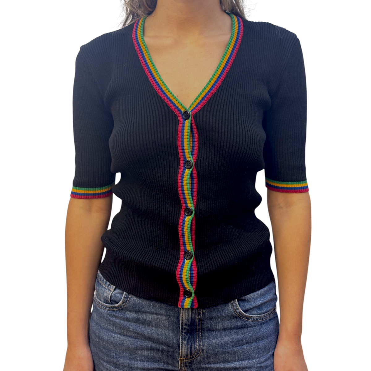 Brandsamsara black cotton ribbed top with rainbow striped trim and button-down front worn by a woman
