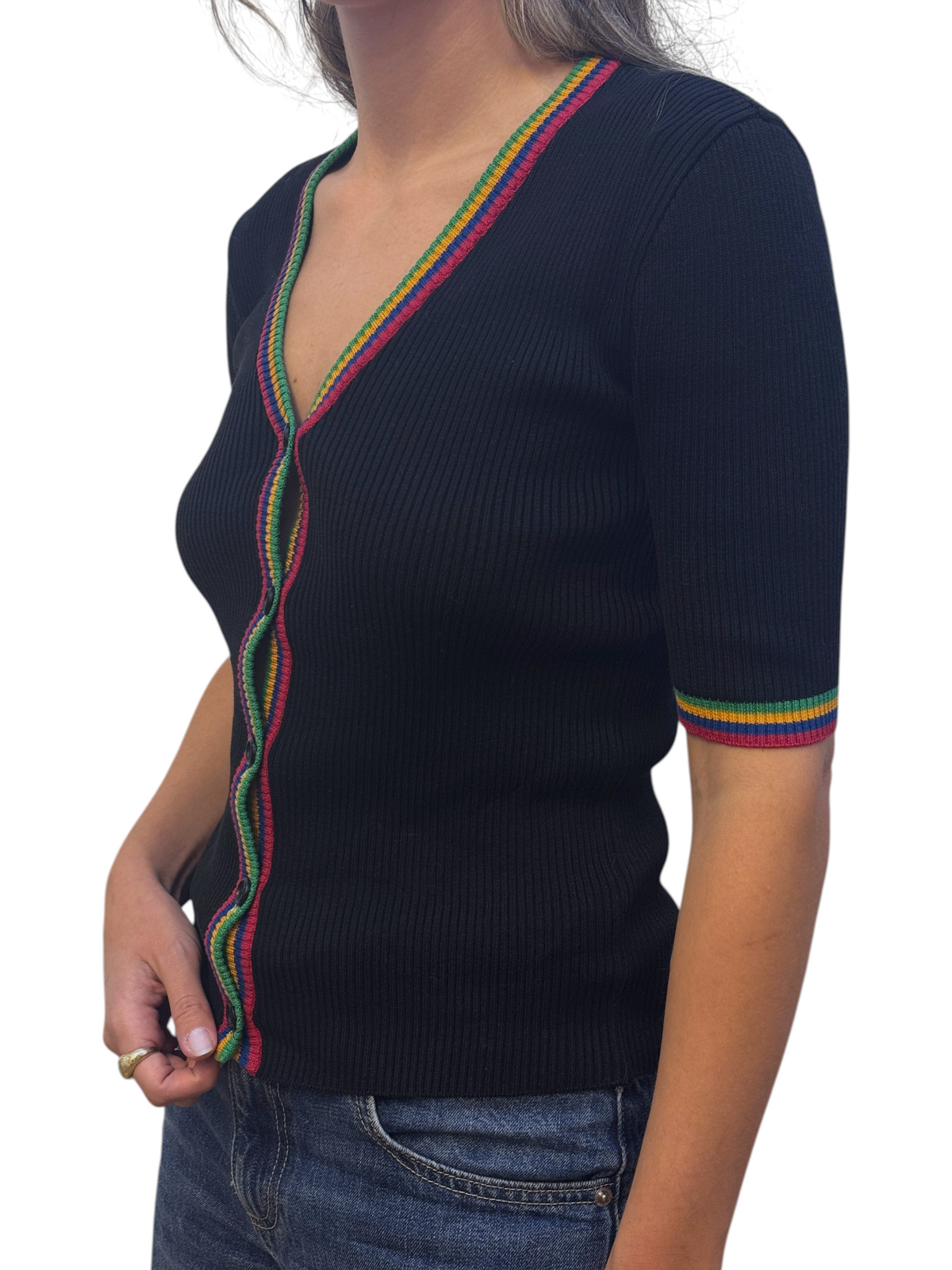 Brandsamsara Saint Laurent black ribbed cotton top with rainbow striped trim on the V-neck and short sleeves