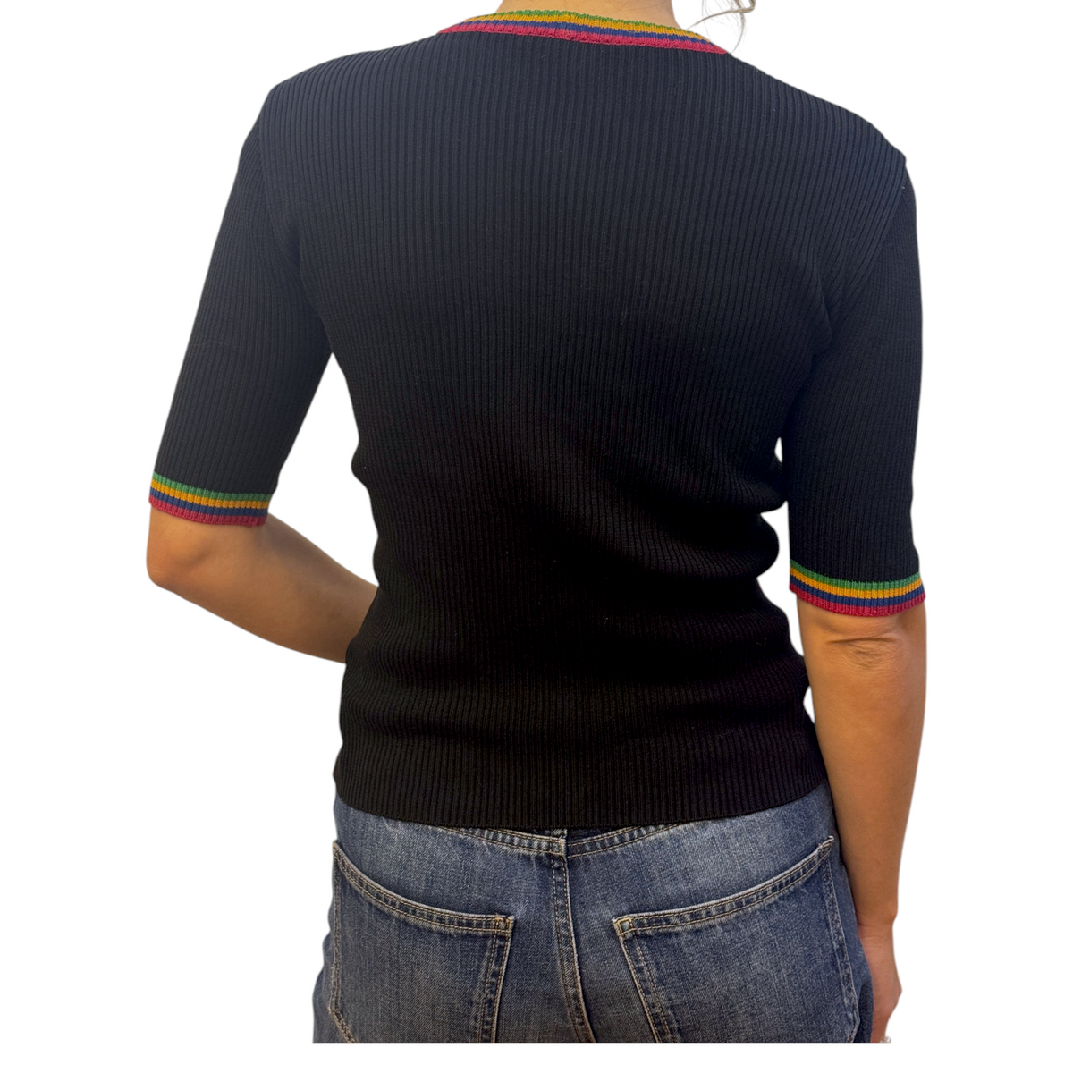 Brandsamsara Saint Laurent black ribbed cotton top with rainbow striped trim on the crew neck and short sleeves