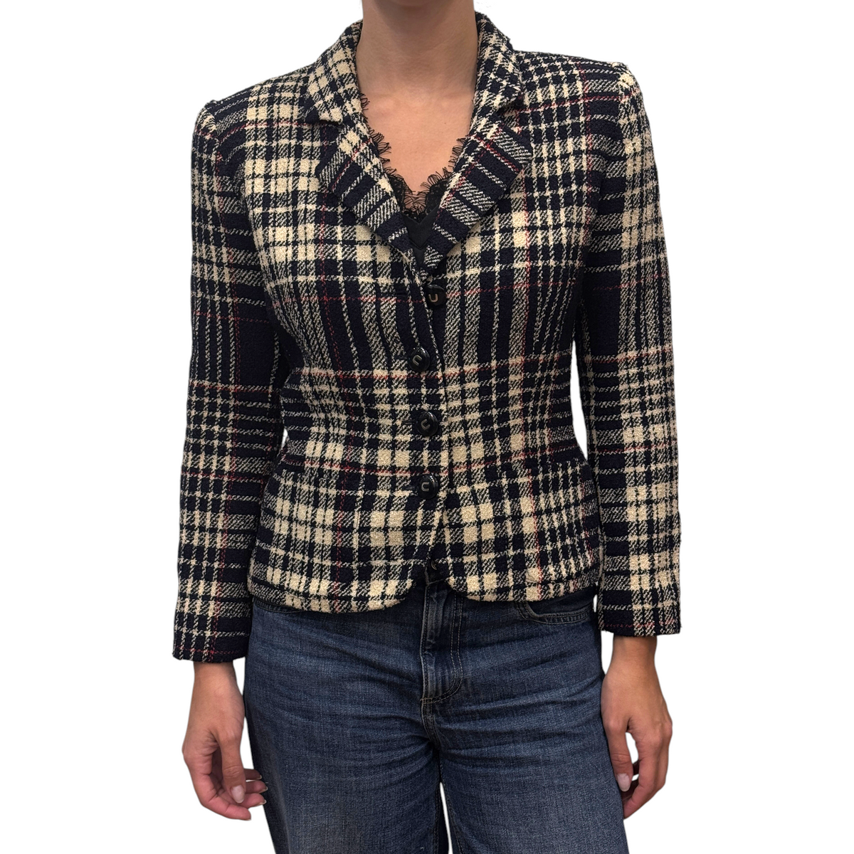 Brandsamsara Emanuel Ungaro multicolor plaid tweed jacket with long sleeves and button front closure