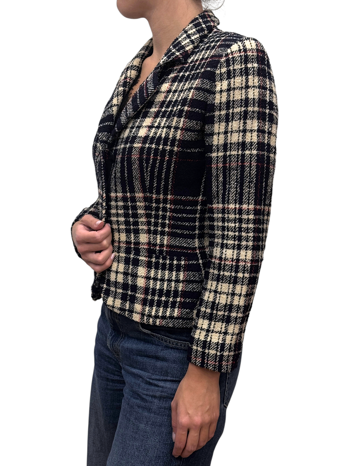 Brandsamsara Emanuel Ungaro long sleeve jacket in a multicolor plaid pattern, worn by a model, side view.