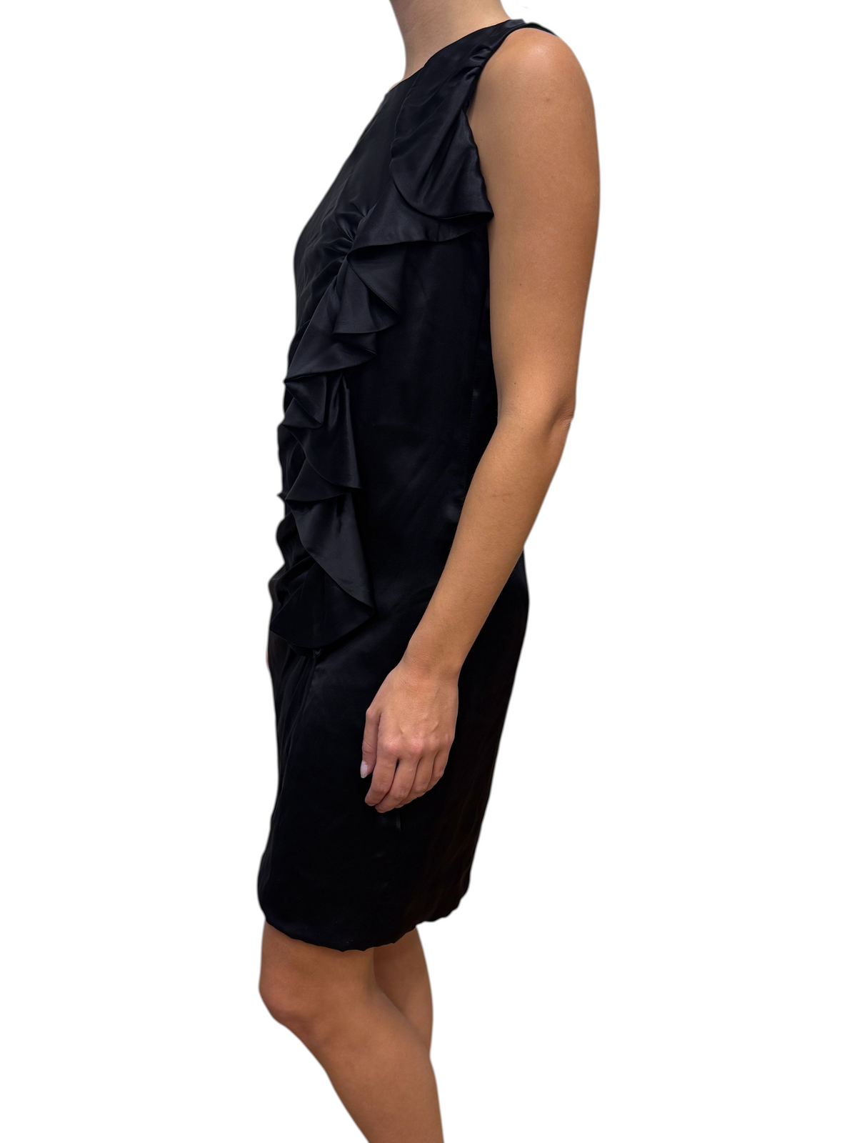 Brandsamsara black silk sleeveless dress with ruffled detailing, side view, made in Italy.