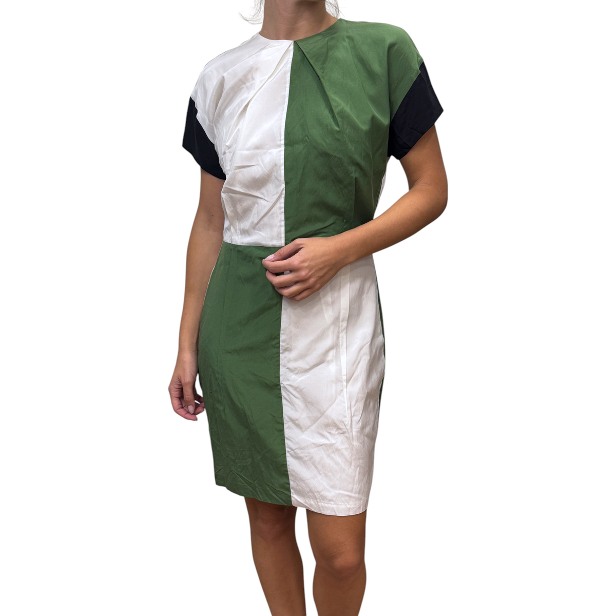 Brandsamsara Acne Studios short sleeve dress in a color-blocked silk blend with green, white, and black panels.