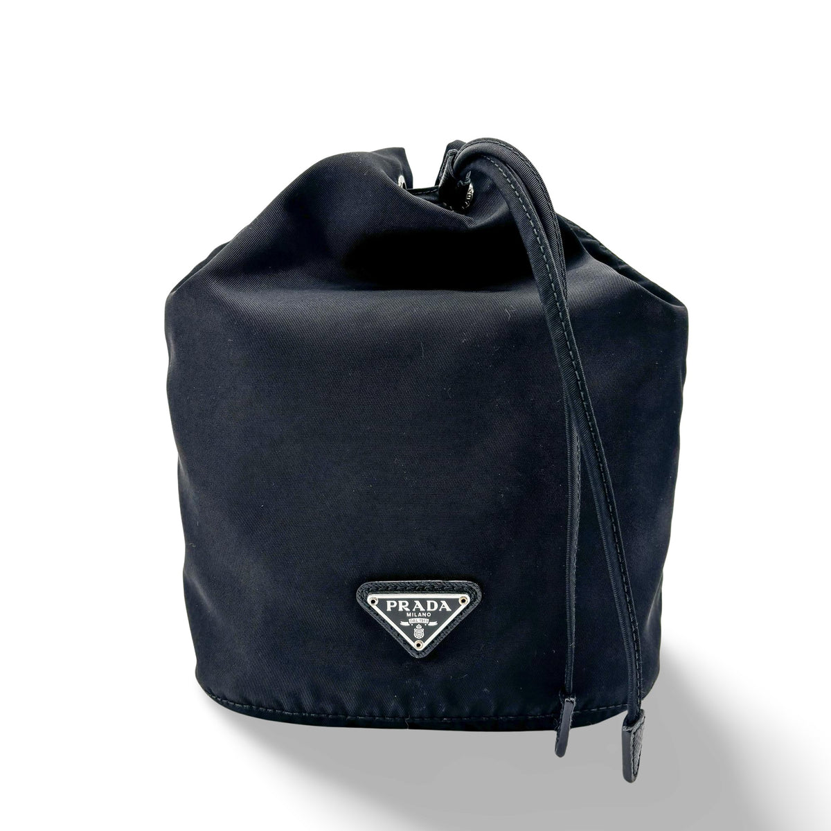 Prada Vela Drawstring Bucket Tessuto, Black, Nylon, Clutch