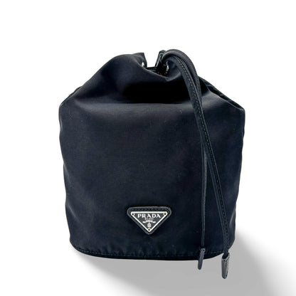 Prada Vela Drawstring Bucket Tessuto, Black, Nylon, Clutch