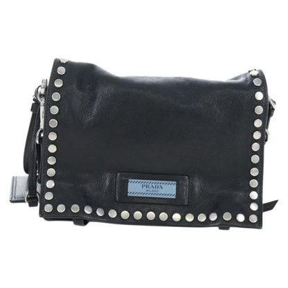 Prada Etiquette Flap Studded Glace Calfskin, Black, Leather, Handbag