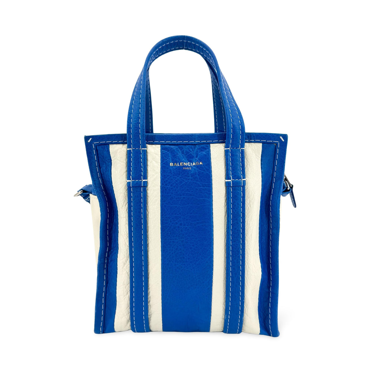 Balenciaga Bazar Striped Leather, Blue, Leather, Tote Bag