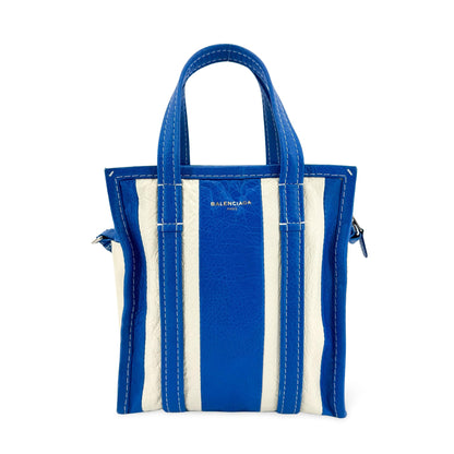 Balenciaga Bazar Striped Leather, Blue, Leather, Tote Bag