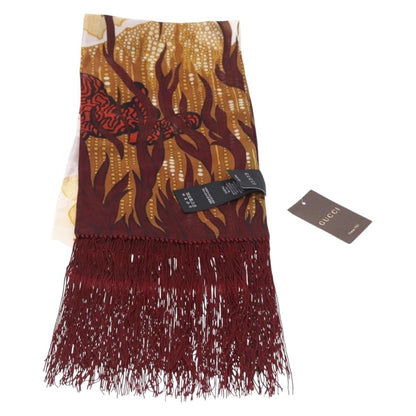 Gucci Printed Silk Fringed Scarf Silk, Burgundy, Silk, Scarf
