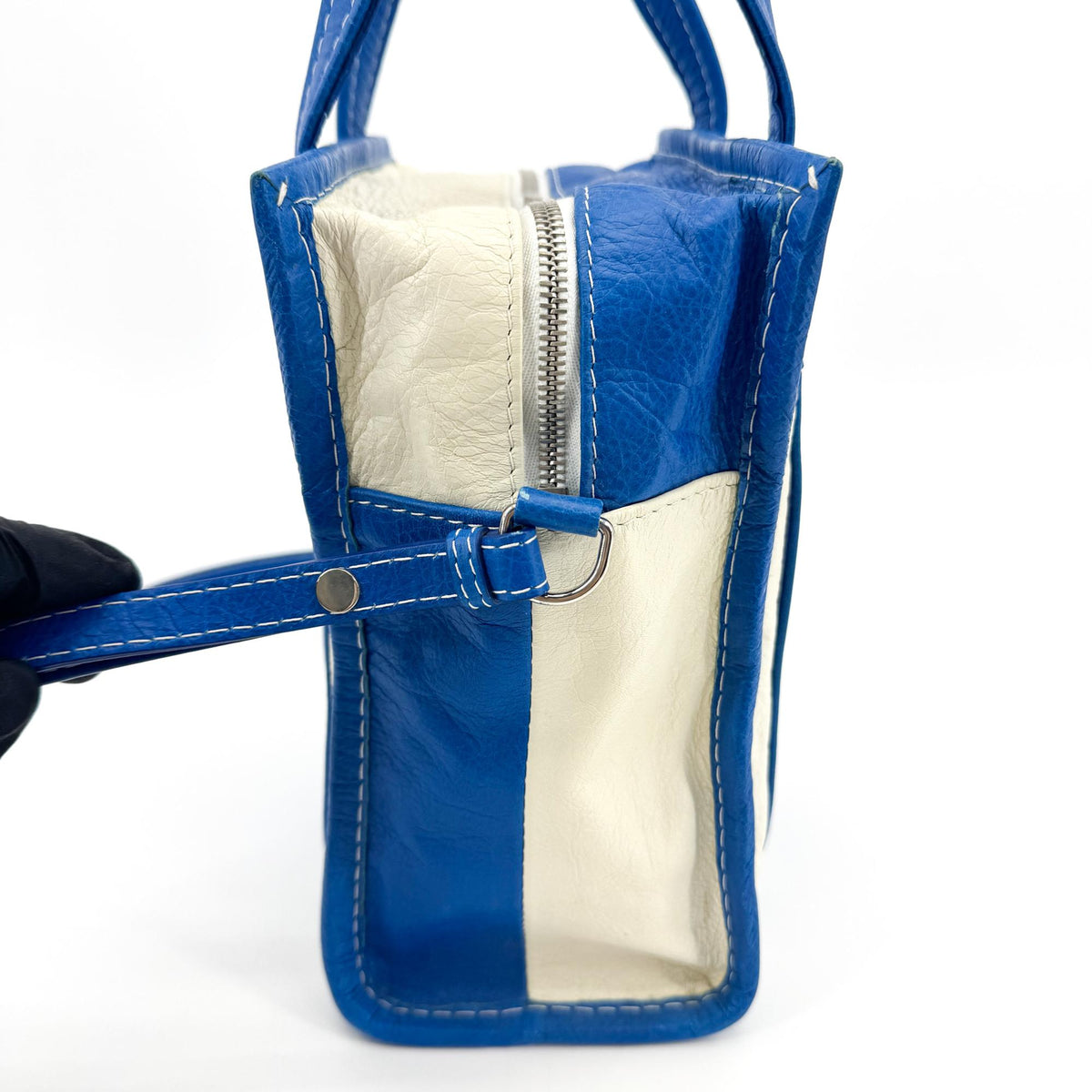 Balenciaga Bazar Striped Leather, Blue, Leather, Tote Bag