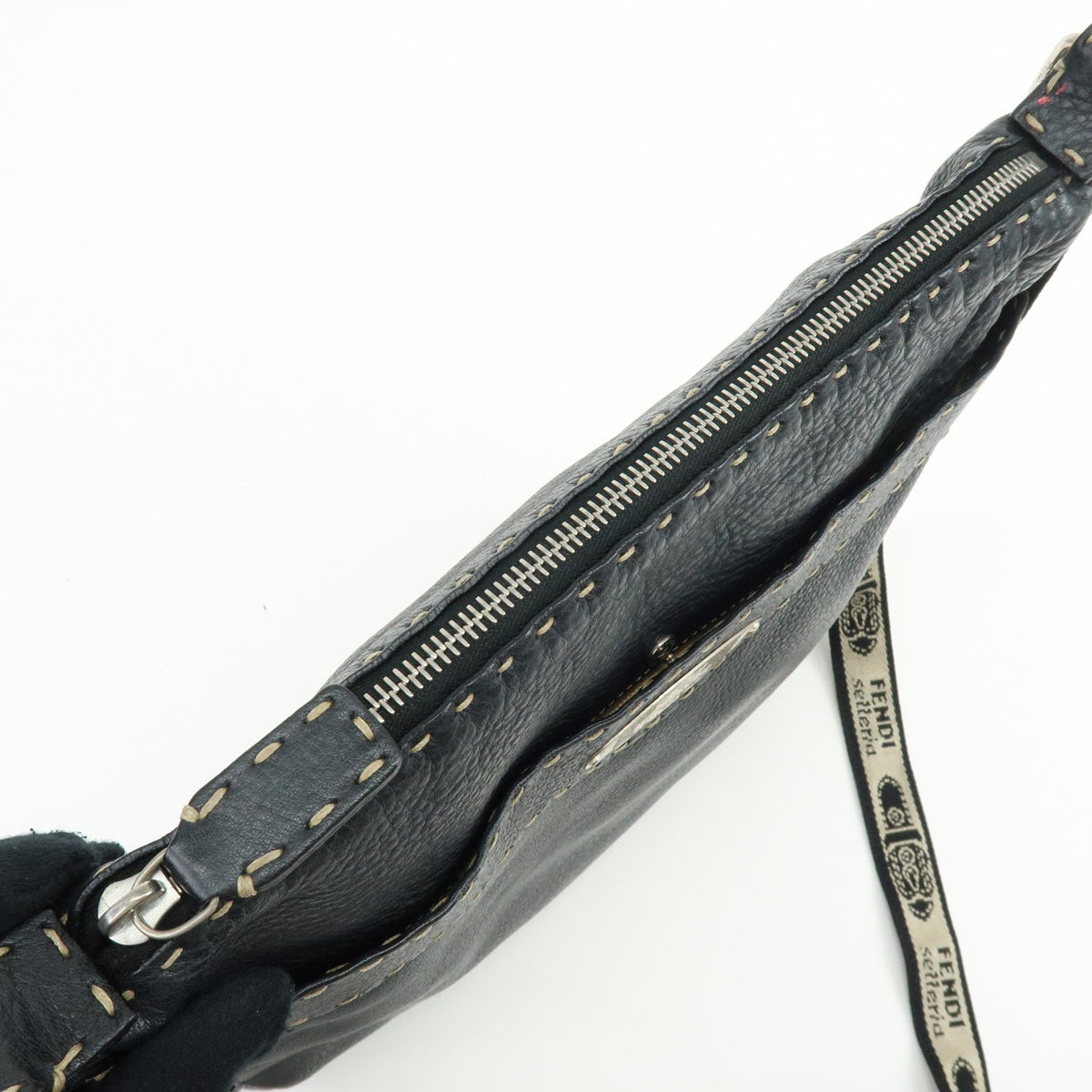 Fendi Vintage Selleria Zip Messenger Leather, Black, Leather, Handbag