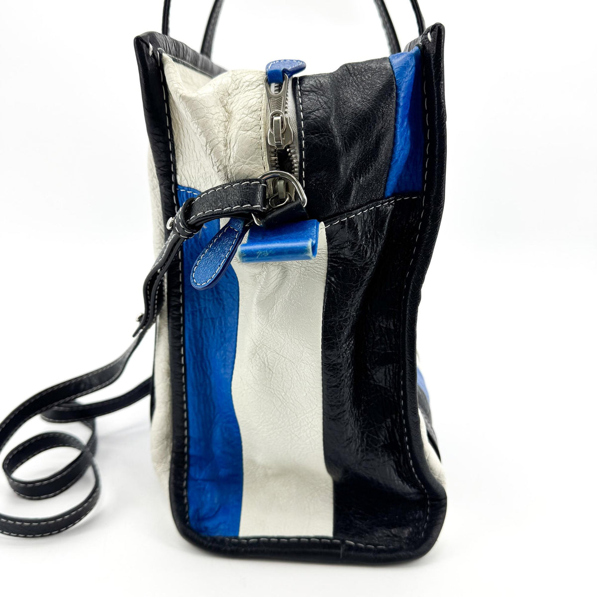 Balenciaga Bazar Striped Leather, Black, Leather, Tote Bag