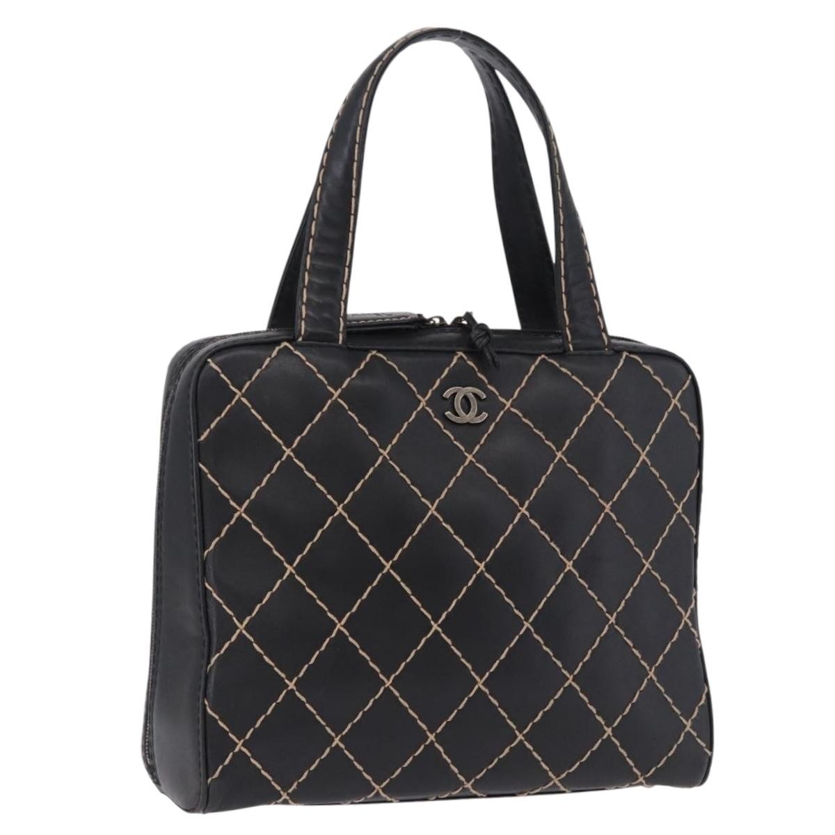 Chanel Surpique Zip Around Satchel Quilted Leather, Black, Leather, Handbag