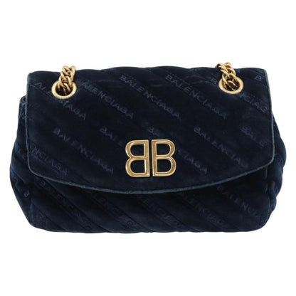 Balenciaga BB Chain Round Quilted Velvet, Navy, Velvet, Shoulder Bag