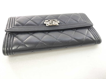 Chanel Boy Flap Quilted Lambskin, Black, Leather, Wallet