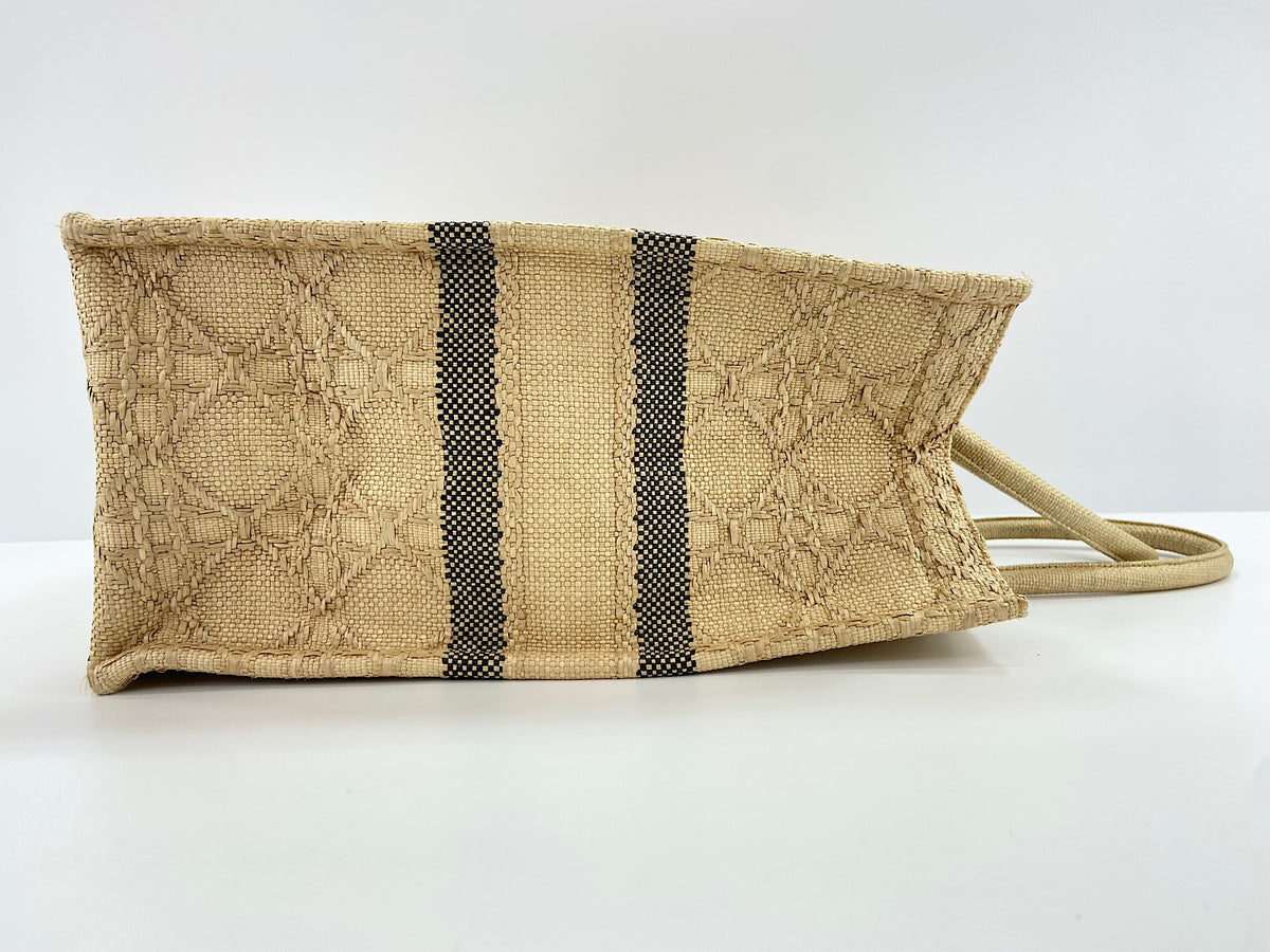 Christian Dior Book Cannage Embroidered Raffia, Beige, Canvas, Tote Bag