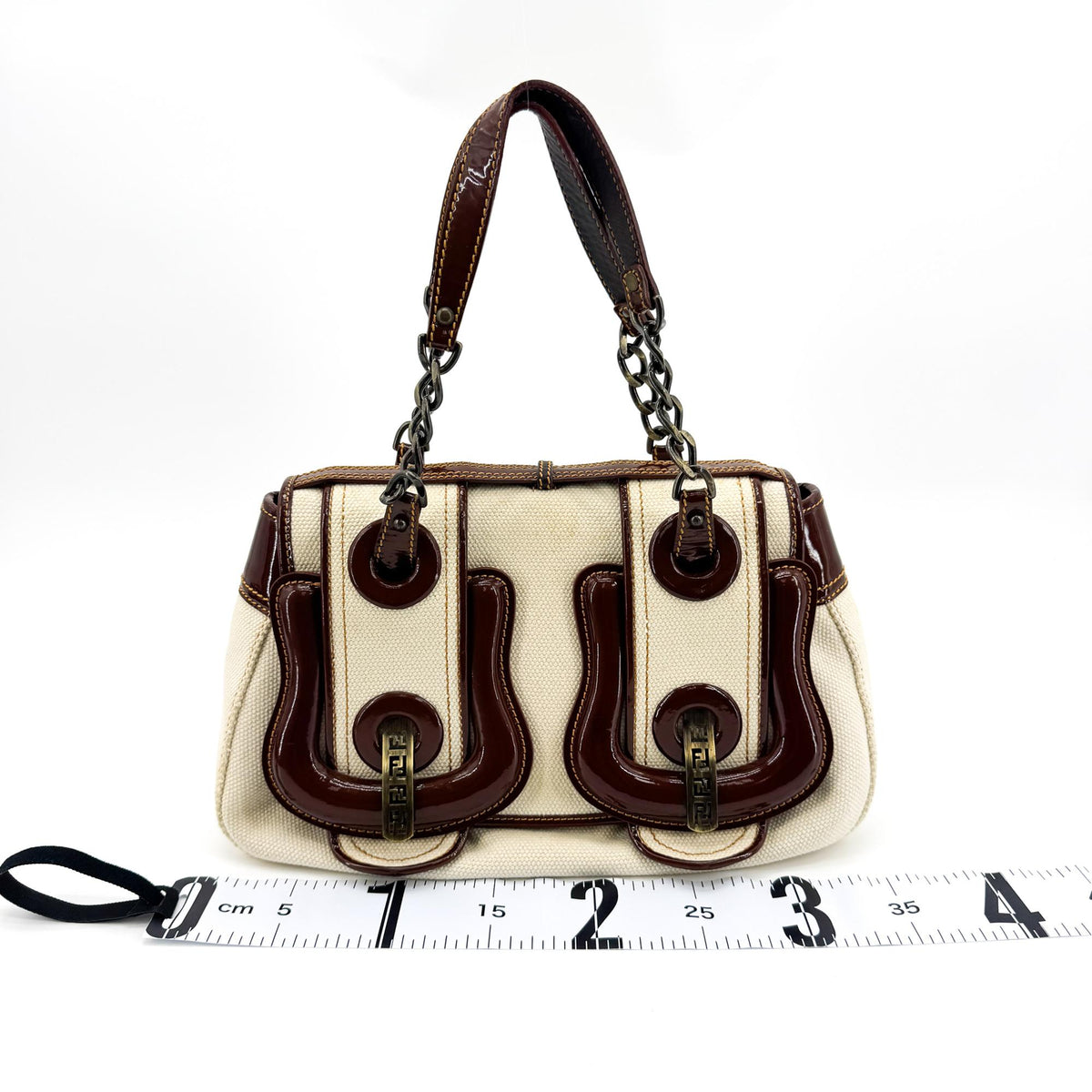 Fendi B. Bag Canvas with Patent, Brown, Canvas, Handbag