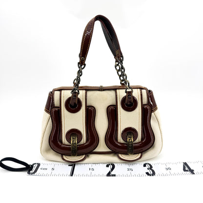 Fendi B. Bag Canvas with Patent, Brown, Canvas, Handbag