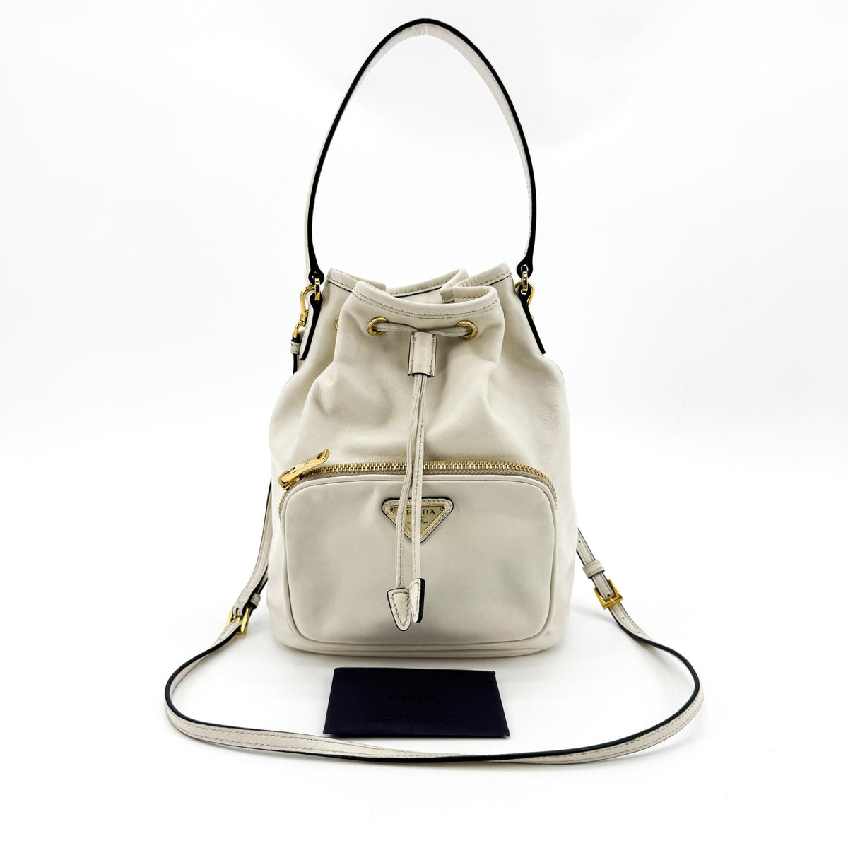 Prada Duet Drawstring Bucket Leather, White, Leather, Handbag